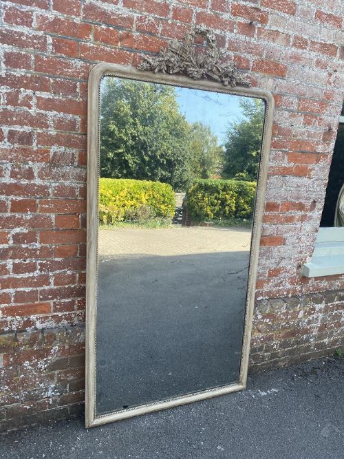 A Superb Large Antique French 19th Century Carved Wood & Gesso Painted Arched Top Mirror.