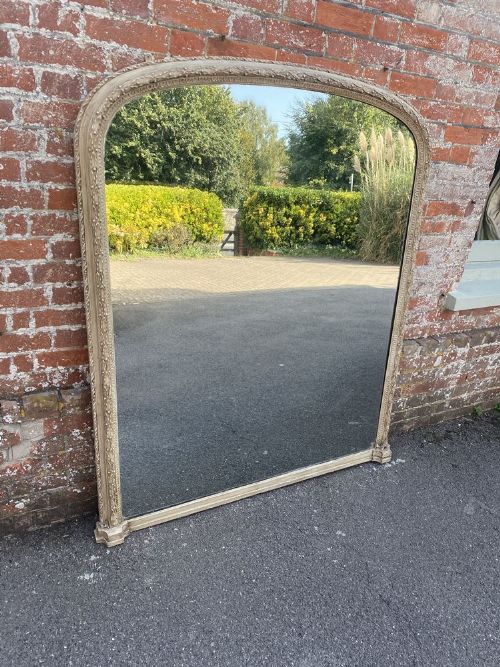 A Stunning Large Antique English 19th Century Carved Wood & Gesso Arched Top Painted Overmantle Mirror.