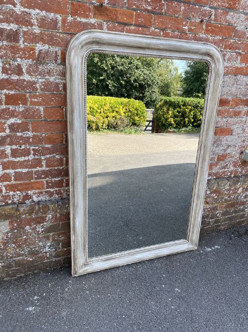 A Wonderful Large Antique French 19th Century Carved Wood and Gesso Arched Top Painted Mirror.