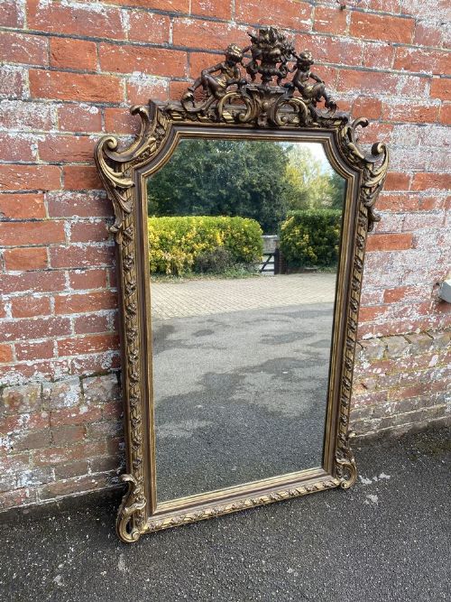 A Delightful Large Antique French 19th Century Carved Wood and Gesso Original Gilt and Painted Shaped Top Mirror.