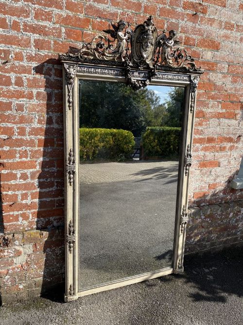 A Spectacular Large Antique French 19th Century Carved Wood & Gesso Original Silvered and Painted Mirror.