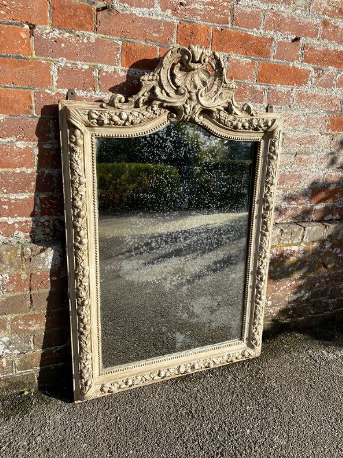 A Wonderful Good Size Antique French 19th Century Carved Wood & Gesso Painted Shaped Top Mirror.