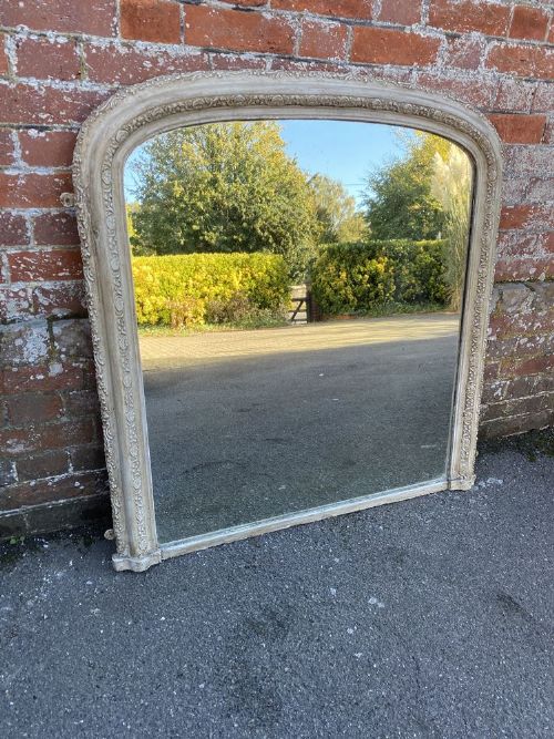 A Highly Useful Size Antique English 19th Century Carved Wood & Gesso Painted Arched Top Overmantle Mirror.
