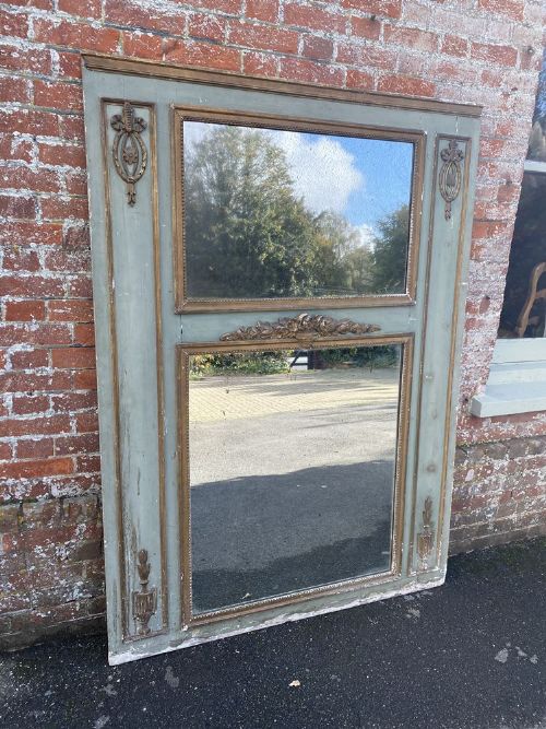 A Superb Large Antique French 19th Century Carved Wood & Gesso Original Distressed Painted & Gilt Trumeau Mirror.