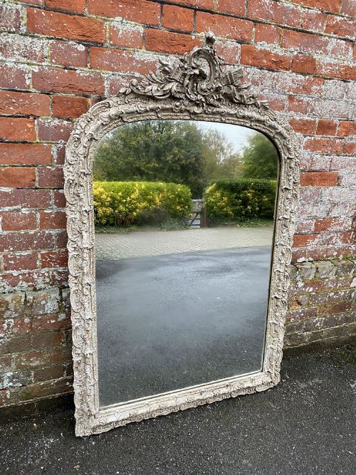 A Stunning Large Antique French 19th Century Carved Wood & Gesso Arched Top Painted Decorative Framed Mirror.