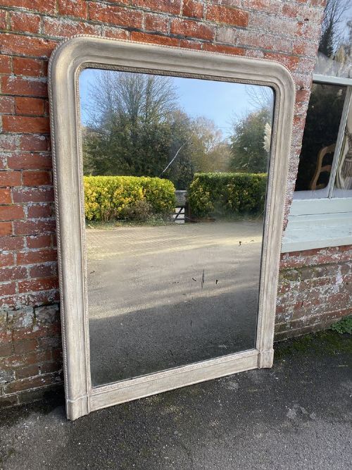 A Wonderful Large Antique French 19th Century Carved Wood and Gesso Arched Top Painted Louis Philippe Mirror