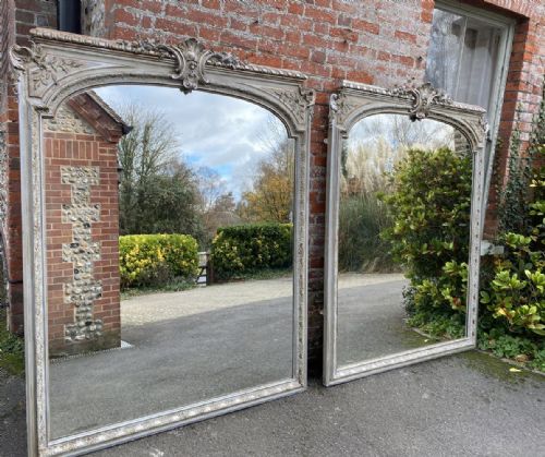 An Absolutely Stunning Highly Unusual Pair of Large Antique French 19th Century Original Silvered and Painted Shaped Top Mirrors.