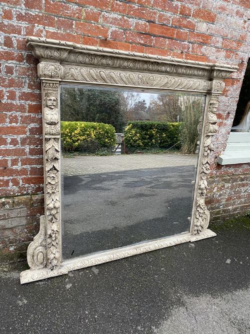 A Spectacular Large Antique English 19th Century Carved Wood Ornate Painted Framed Mirror.