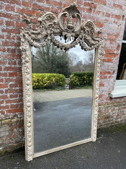 A Sensational Large Antique French 19th Century Carved Wood and Gesso Painted Mirror.