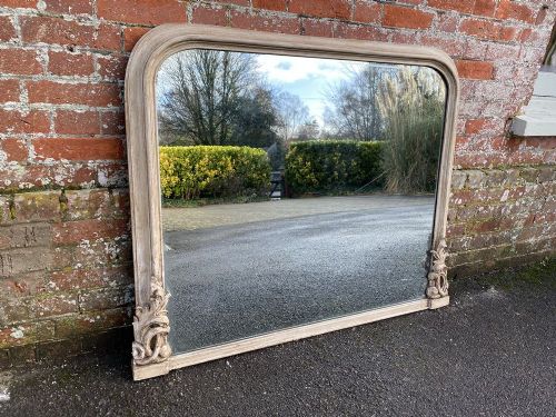 A Delightful Highly Useful Size Antique English Carved Wood & Gesso Painted Overmantle Mirror.