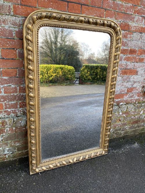 A Wonderful Large Antique French 19th Century Carved Wood & Gesso Moulded Framed Gilt Shaped Top Mirror.