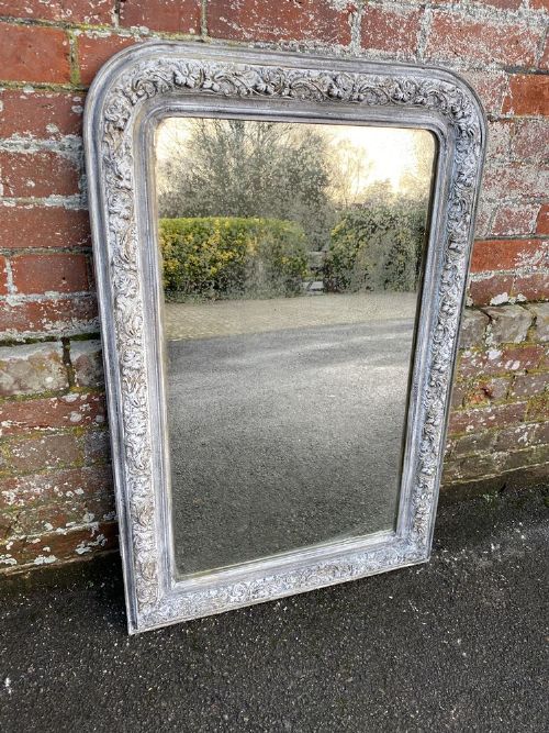 A Stunning Good Size Antique French 19th Century Carved Wood & Gesso Arched Top Painted Mirror.
