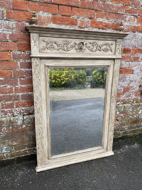 A Delightful Large Antique French 19th Century Carved Wood Painted Mirror.