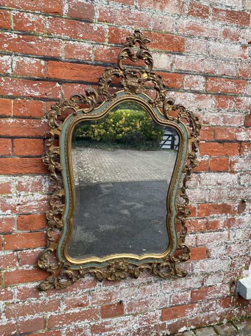 A Fabulous Good Size Antique Italian 19th Century Carved Wood Original Gilt and Painted Shaped Top Mirror.