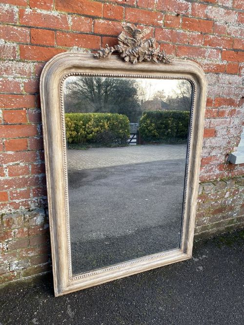 A Delightful Large Antique French 19th Century Carved Wood and Gesso Arched Top Painted Mirror.