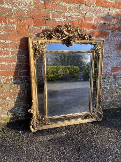 A Spectacular Good Size Antique French 19th Century Carved Wood & Gesso Original Gilt Cushion Mirror.