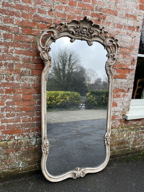 An Exceptional Large Antique French 19th Century Carved Wood Painted Shaped Top Mirror.