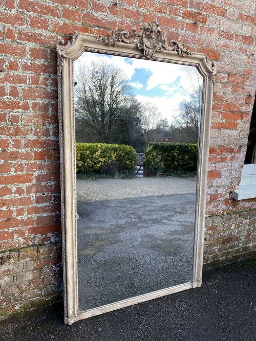 A Fabulous Large Antique French 19th Century Shaped Top Carved Wood & Gesso Painted Mirror.
