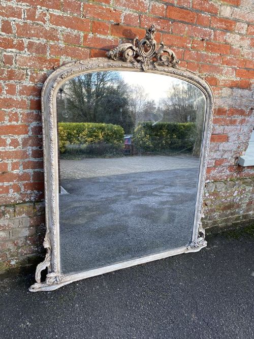 A Wonderful Large Antique English 19th Century Carved Wood & Gesso Painted Arched Top Overmantle Mirror.
