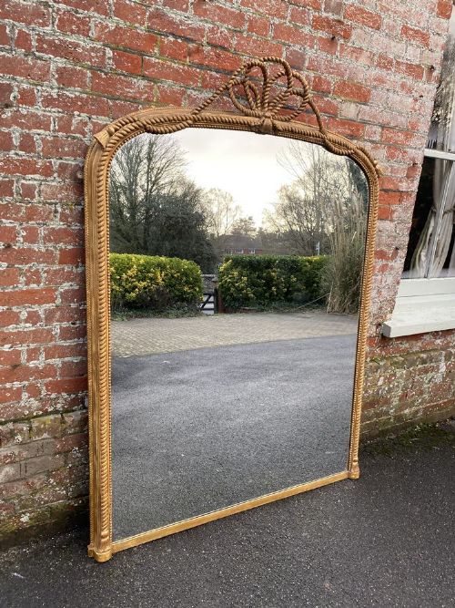 A Spectacular Large Antique English 19th Century Carved Wood & Gesso Original Gilt Arched Top Overmantle Mirror.