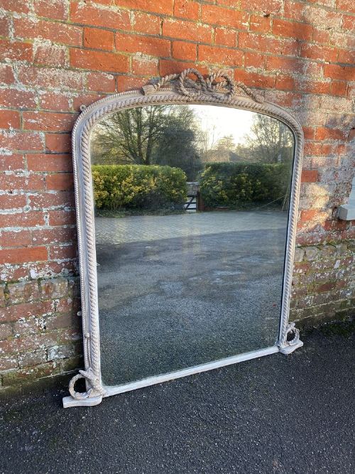 A Superb Large Antique English 19th Century Carved Wood & Gesso Arched Top Painted Overmantle Mirror.