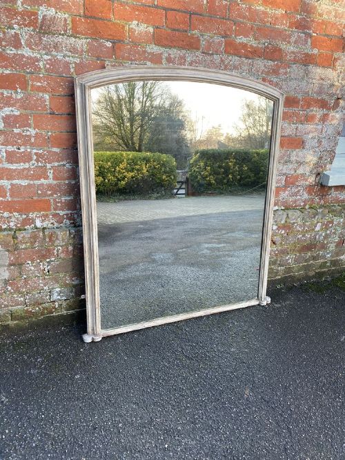 A Delightful Large Antique English 19th Century Carved Wood & Gesso Shaped Top Plain Painted Overmantle Mirror.