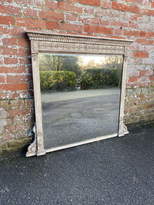 A Stunning Large Antique English 19th Century Carved Wood & Gesso Painted Column Framed Overmantle Mirror.