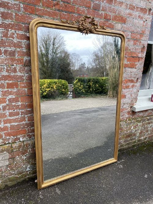 An Exceptional Large Antique French 19th Century Carved Wood & Gesso Arched Top Original Gilt Mirror.