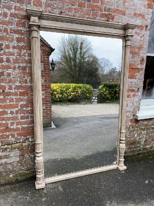 A Spectacular Large Antique French 19th Century Carved Wood Painted Column Framed Mirror.