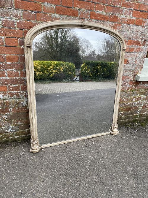 An Exceptional Large Antique English 19th Century Carved Wood Painted Plain Column Arched Top Overmantle Mirror.