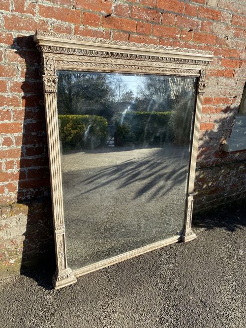 A Stunning Large Antique English 19th Century Carved Wood & Gesso Painted Column Framed Overmantle Mirror.