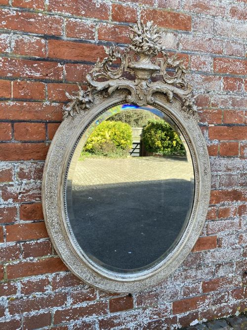 A Fabulous Good Size Antique French 19th Century Carved Wood & Gesso Painted Oval Mirror.