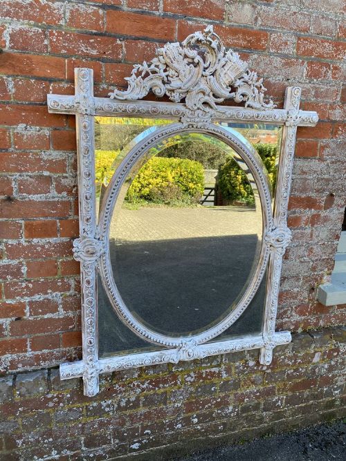 An Unusual  Good Size Antique French 19th Century Carved Wood & Gesso Distressed Painted Sectioned & Oval Cross Framed Mirror.