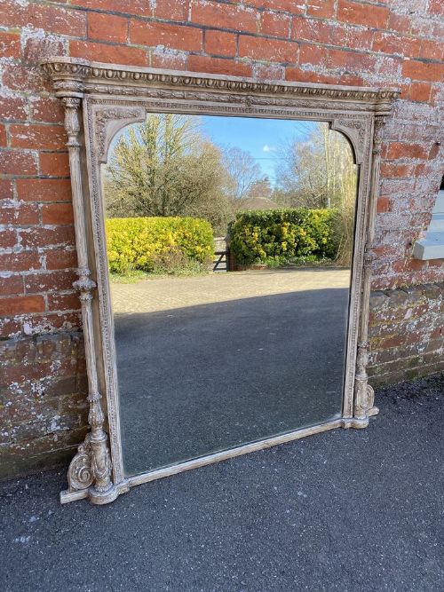 An Impressive Large Antique English 19th Century Carved Wood & Gesso Painted Overmantle Mirror