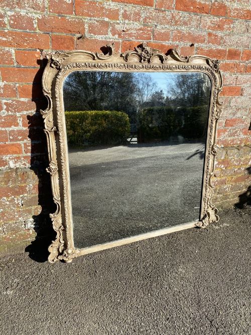 A Stunning Highly Useful Size Antique 19th Century English Carved Wood & Gesso Painted Overmantle Mirror.