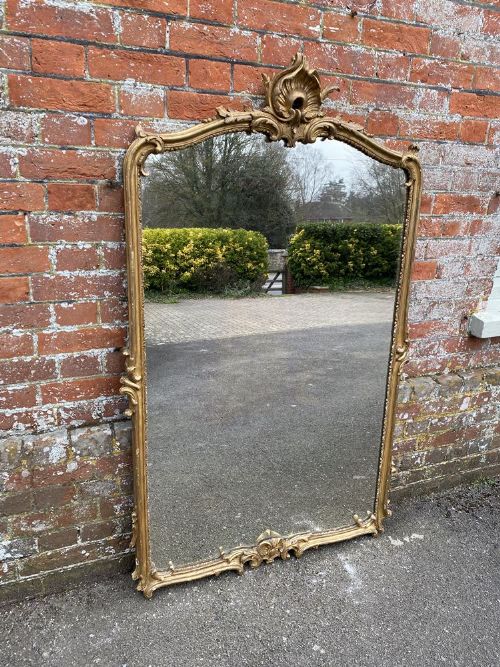 A Wonderful Large Antique French 19th Century Carved Wood & Gesso Shaped Top Original Gilt Mirror.