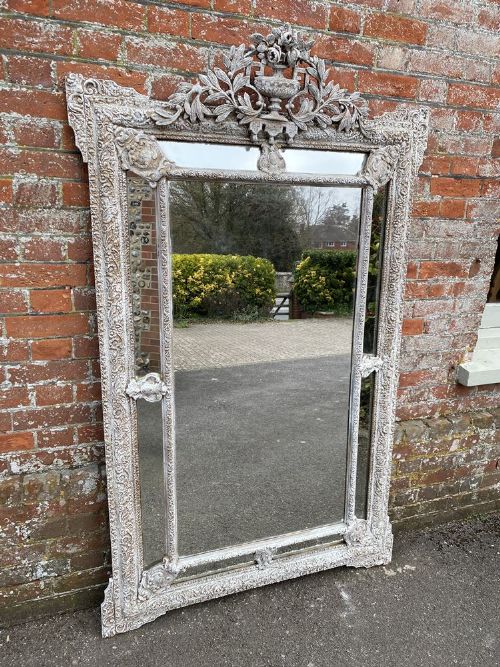 A Spectacular Large Antique French 19th Century Carved Wood & Gesso Painted Cushion Mirror.