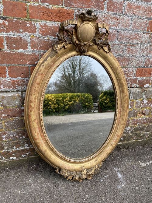 A Superb Good Size Antique French 19th Century Carved Wood & Gesso Original Gilt Oval Mirror.