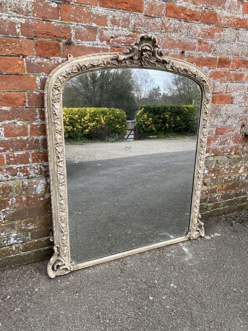 A Stunning Large Antique English 19th Century Carved Wood & Gesso Painted Arched Top Leaf Framed Overmantle Mirror.