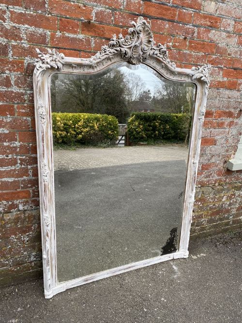 A Spectacular Large Antique French 19th Century Carved Wood & Gesso Distressed Painted Shaped Top Mirror.