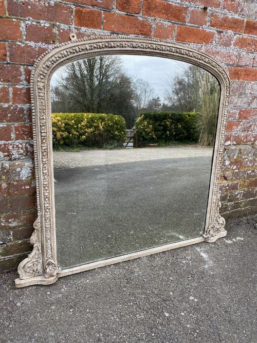 An Impressive Good Size Antique English 19th Century Carved Wood & Gesso Arched Top Painted Overmantle Mirror.