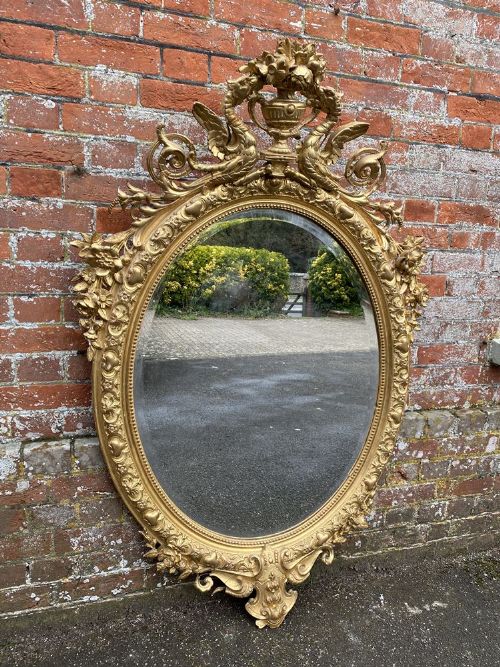 An Exceptional Large Antique French 19th Century Carved Wood & Gesso Original Gilt Oval Mirror.