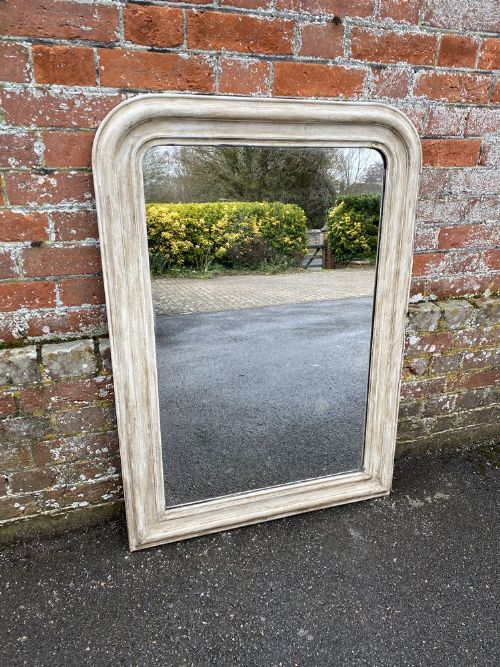 A Good Size Antique French 19th Century Carved Wood and Gesso Arched Top Painted Louis Philippe Mirror.