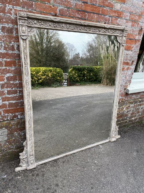 A Fabulous Large Antique English 19th Century Carved Wood & Gesso Painted Overmantle Mirror.