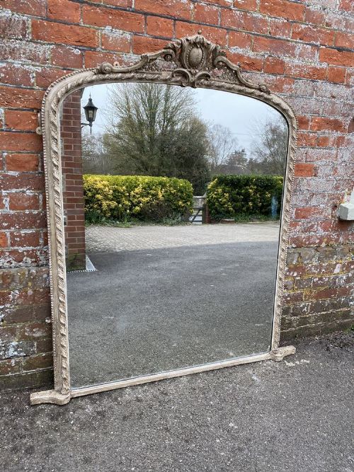 An Exceptional Large Antique English 19th Century Carved Wood & Gesso Painted Arched Top Overmantle Mirror.