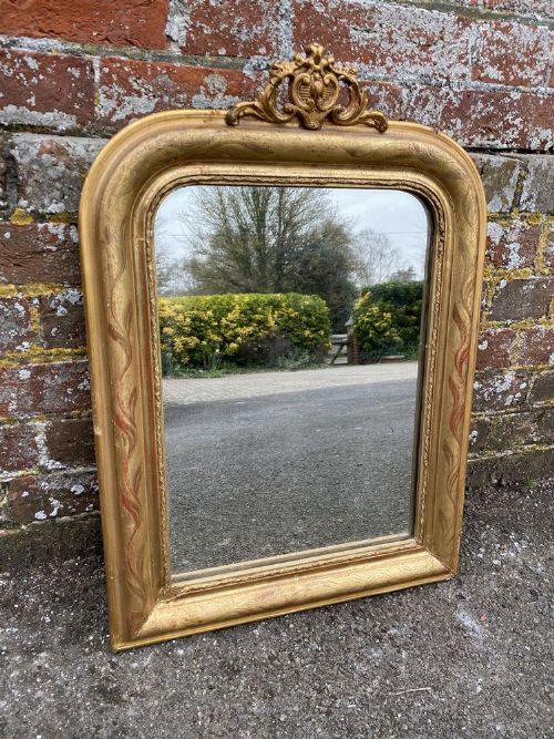 A Superb Highly Useful Size Antique French 19th Century Carved Wood & Gesso Original Gilt Etched Framed Arched Top Mirror,