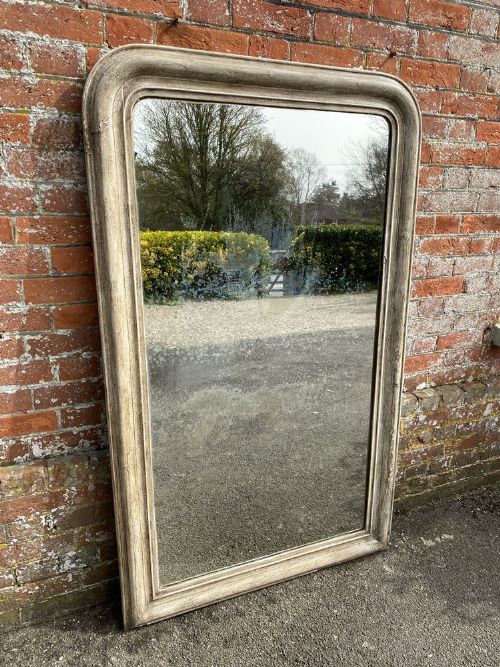 A Fabulous Large Antique French 19th Century Carved Wood and Gesso Arched Top Painted Louis Philippe Mirror.
