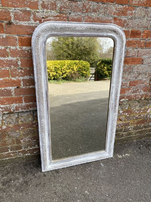 A Highly Useful Size Antique French 19th Century Carved Wood & Gesso Arched Top Painted Mirror.