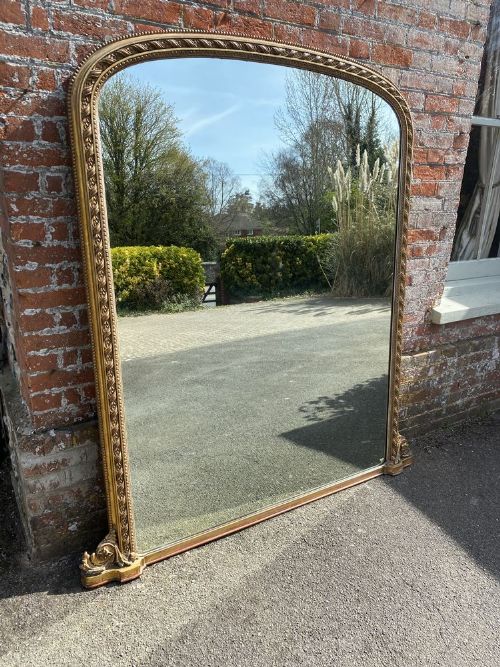 A Spectacular Large Antique English 19th Century Carved Wood & Gesso Original Gilt Arched Top Overmantle Mirror.