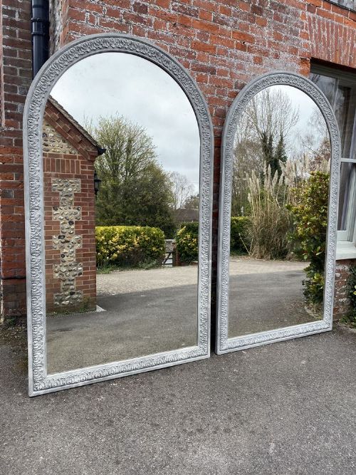 An Absolutely Stunning Pair of Large Antique French 19th Century Carved Wood & Gesso Arched Top Painted Mirrors.